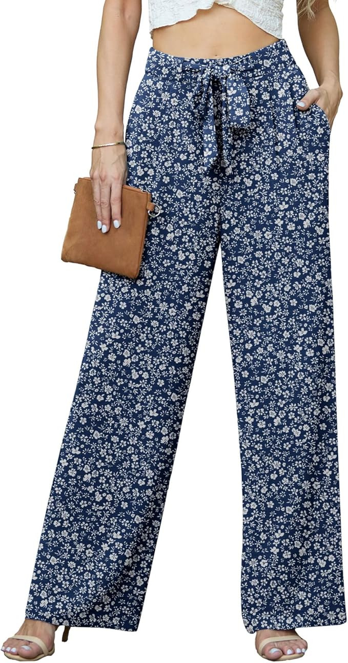 Lepunuo Women's High Waisted Wide Leg Flowy Pants Casual Palazzo Pants Work Adjustable Tie Knot P... | Amazon (US)