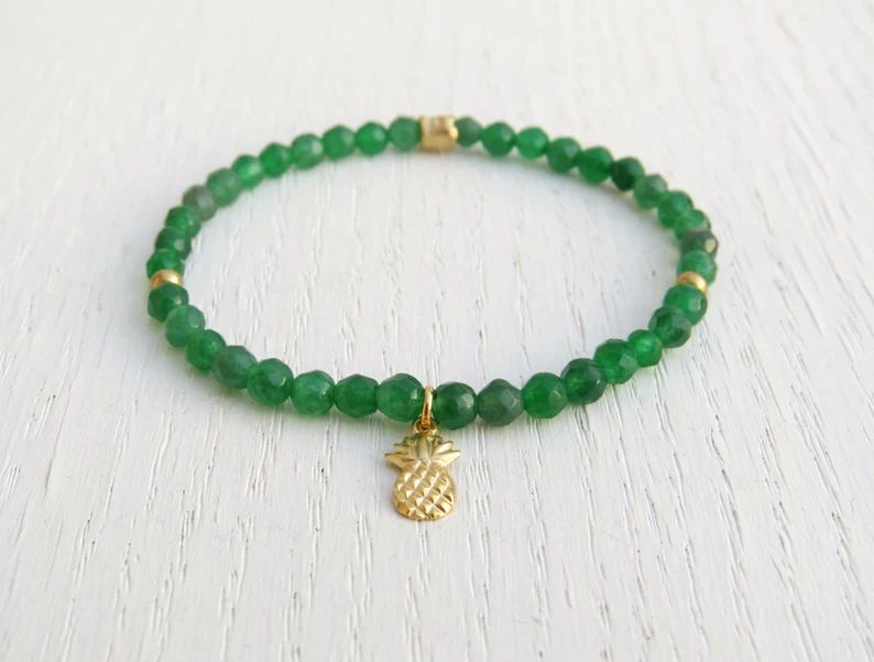 Green jade bracelet, Pineapple charm bracelet, Stretch bead bracelet | Etsy (US)