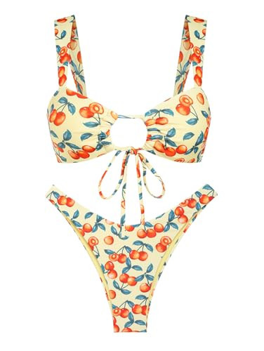 Seamolly Fruit Cherry Print Cinched Tie Front Cheeky Bikini Set,Yellow,XS | Amazon (US)