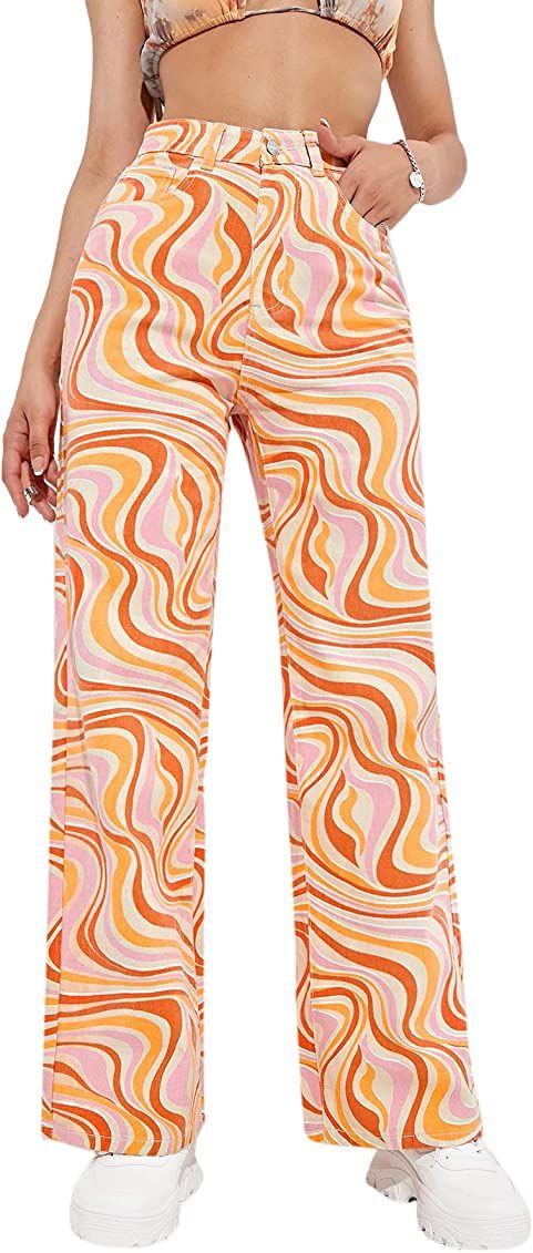 WDIRARA Women's High Waisted Wide Leg Print Casual Baggy Jeans Denim Pants | Amazon (US)