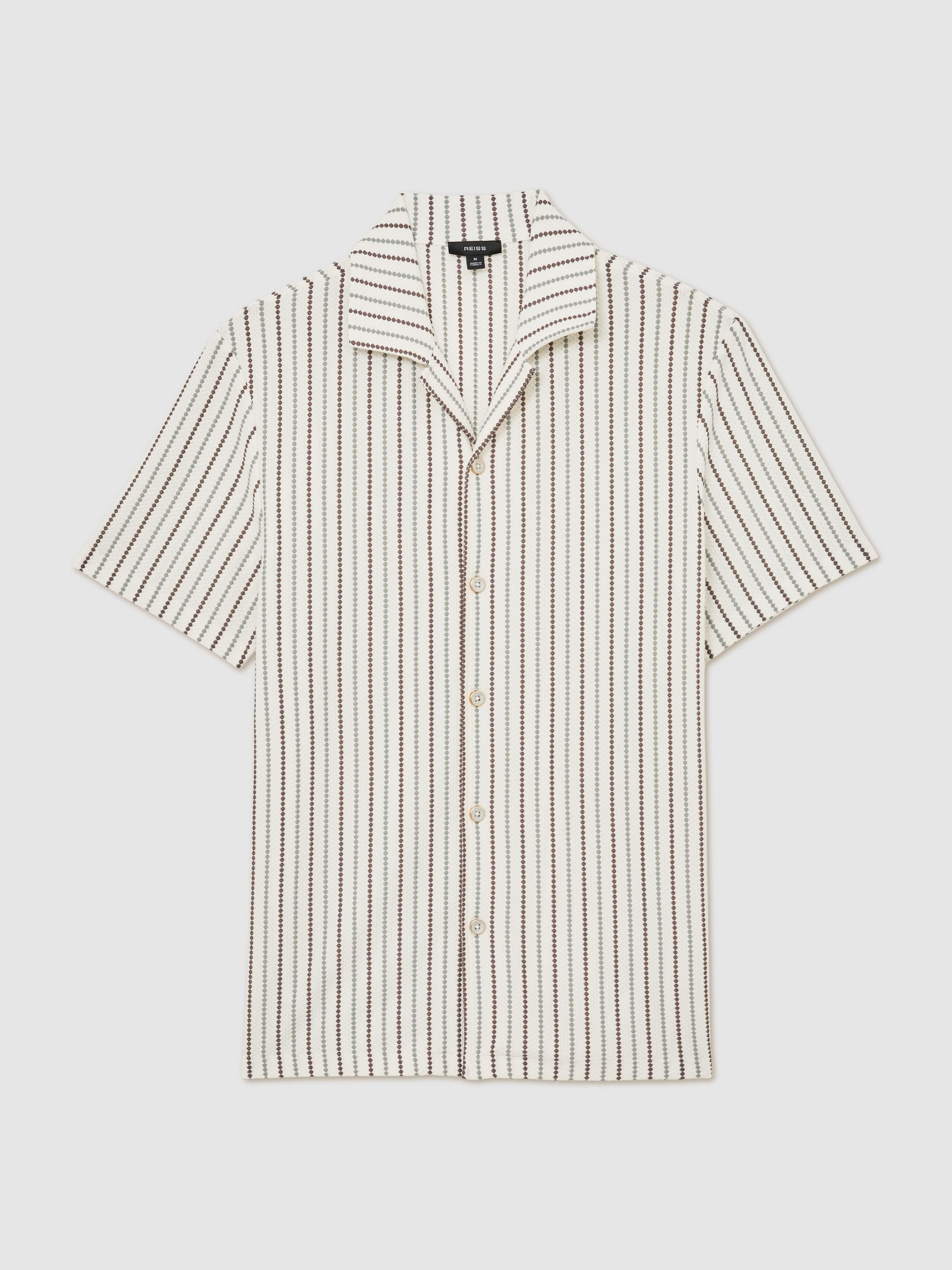 Reiss Textured-Stripe Cuban-Collar Shirt Cotton-Blend in Green/Brown Multi | REISS | Reiss US