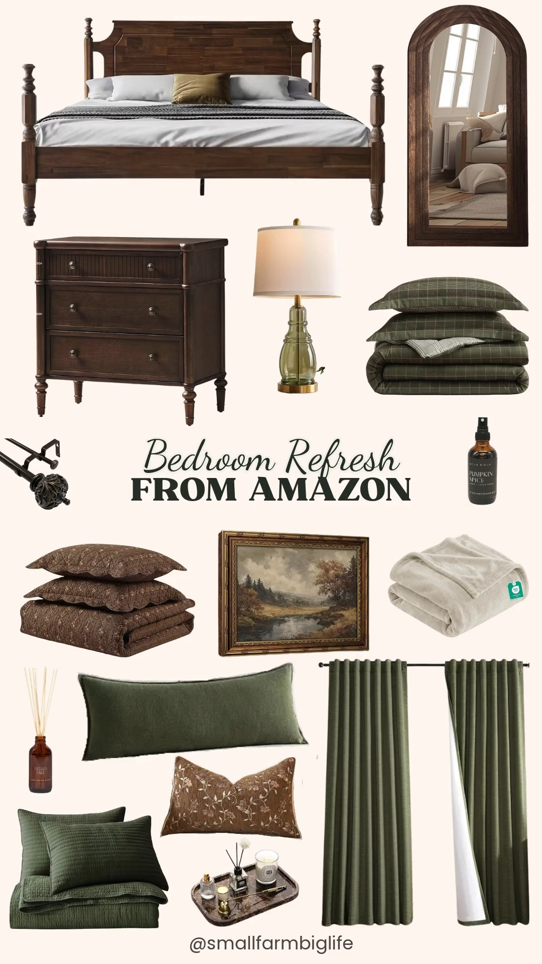 🍂 Bedroom Refresh From Amazon

Give your bedroom a cozy fall refresh with these Amazon home finds in warm browns and olive green. Start with layered bedding: an olive green plaid comforter set from Nautica, a reversible brown floral cotton percale quilt from Martha Stewart, an olive green cotton channel stitch quilt set, and a soft linen fleece blanket for chilly nights. Add throw pillows like a dark olive green linen lumbar pillow and a brown fall floral lumbar pillow. For furniture, there's a solid wood platform bed frame in a walnut finish with a headboard and footboard, plus a pair of auburn fluted end tables with drawers and a built in charging station. Finish the space with a set of green and gold glass table lamps with linen shades, a rustic brown arched full length mirror, a vintage gold framed autumn landscape print, a bronze Victorian double curtain rod, and a dark brown marble tray for your nightstand. A Hello Fall reed diffuser with hot cider, cinnamon, and apple makes the whole room smell like fall. This cozy farmhouse fall decor is an easy way to make your bedroom feel warm and inviting all season.

#amazonhome #amazonfinds #falldecor #bedroomdecor #cozybedroom 

 #LTKSeasonal #LTKHome