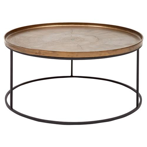 Emily Industrial Loft Black Metal Base Round Brass Round Coffee Table | Kathy Kuo Home