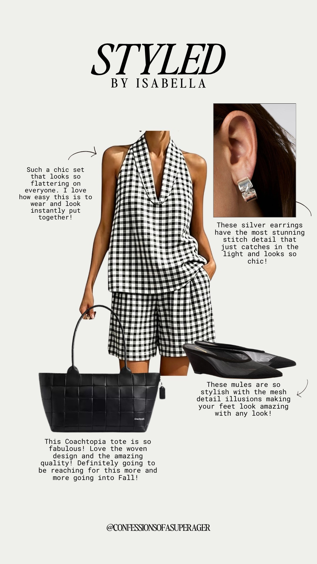 This black-and-white gingham set is such an effortless fall outfit! 🖤🤍 The polished halter top and shorts pair perfectly with a woven tote, chic mesh mules, and delicate silver earrings for an easy, elevated look. Tap to shop this versatile set and all the accessories! #FallFashion #FallOutfit #GinghamSet #MatchingSet #BlackAndWhiteStyle #ChicStyle #ElevatedCasual #EverydayStyle #Over50Fashion #FashionOver50 #AgelessStyle #ClassicStyle #LTKFashion #LTKStyle #LTKFinds #ShopMyLook #ConfessionsOfASuperAger

#LTKootd #LTKOver40 #LTKSaleAlert