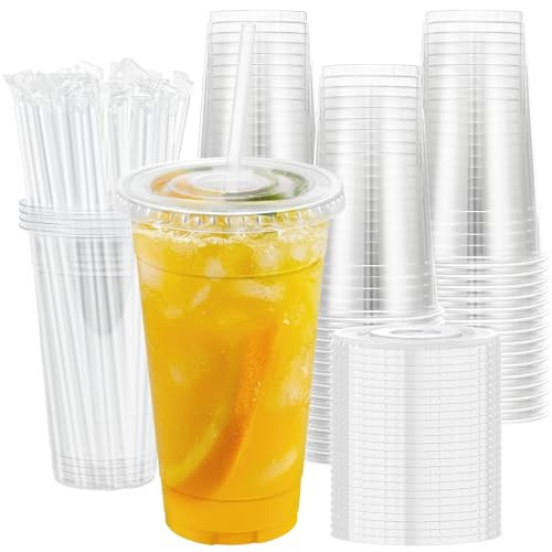 Lamosi 100 Pack 24 oz Clear Plastic Cups with Lids and Straws, Disposable Plastic Coffee Cups with Lids for Iced Coffee, Cold Beverages, Smoothies and To-Go Drinks | Amazon (US)