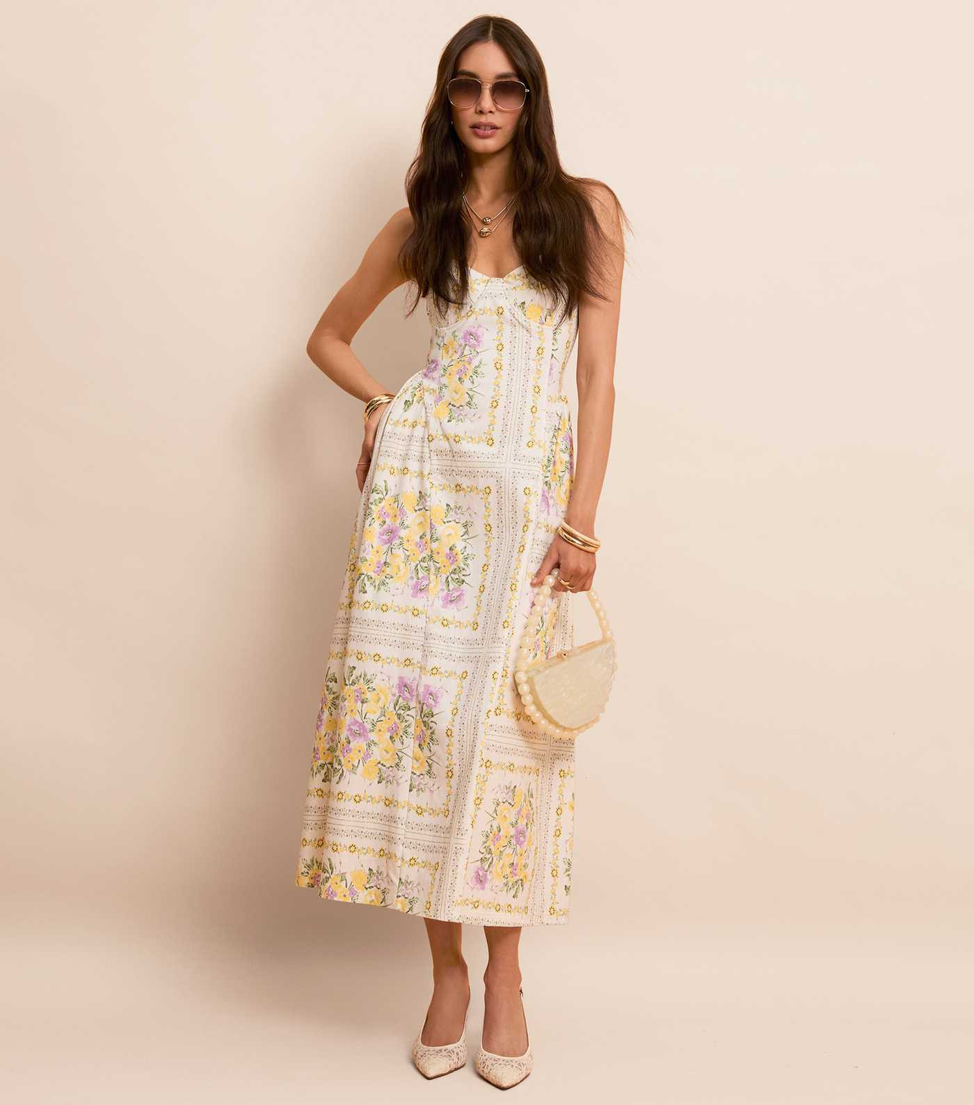 Cream Floral Print Corset Bust Flared Midi Dress | New Look | New Look (UK)