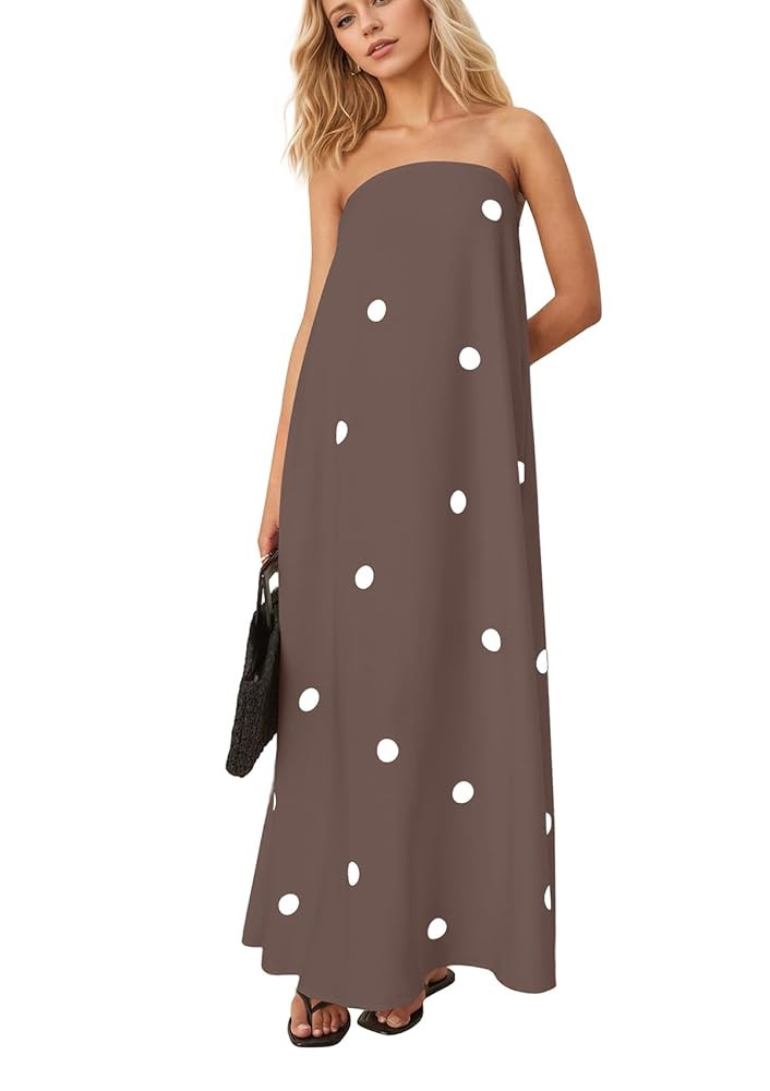 Women Polka Dot Strapless Maxi Dress Summer Flowy A Line Ruffle Backless Off Shoulder Long Tube D... | Amazon (US)