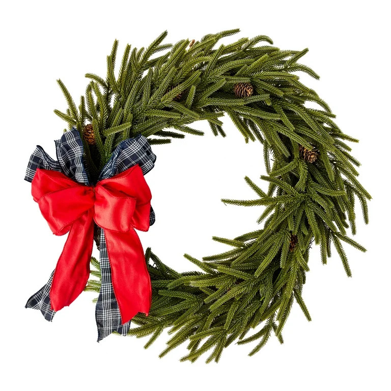 24" Faux Evergreen Pine Wreath with Bows Christmas Decoration, Multicolor, by Holiday Time - Walm... | Walmart (US)