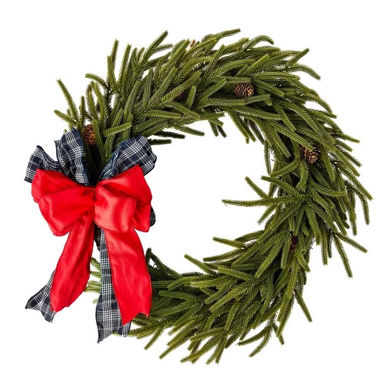 24" Faux Evergreen Pine Wreath with Bows Christmas Decoration, Multicolor, by Holiday Time | Walmart (US)