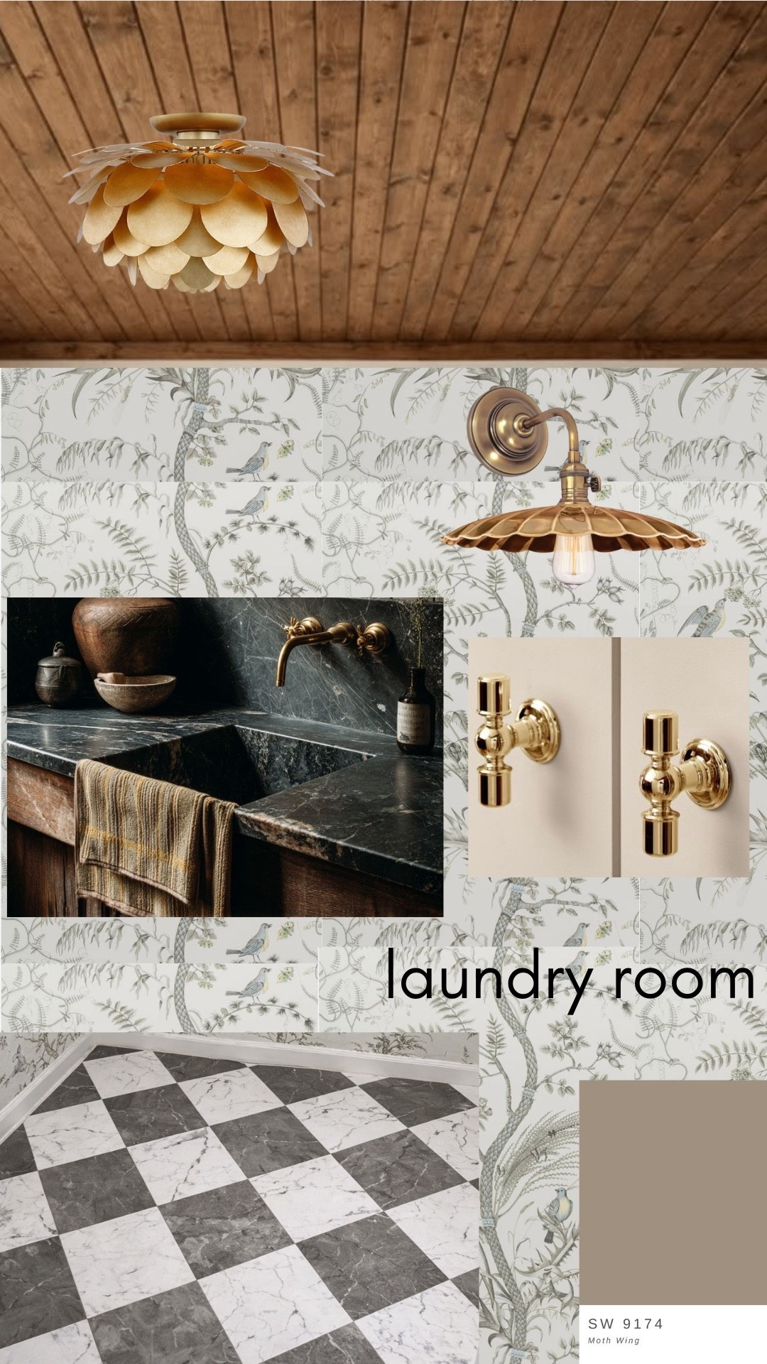 Plans coming together for the Laundry room 👏🏼 thinking a stunning wallpaper, aged brass finishes, painted cabinets color Moth Wing (same as dining room), a wood paneled ceiling, gray and white check marble-esque tile floors, and a soapstone countertop and backsplash. I can’t wait to get started! 

#LTKmomlife #LTKHome #LTKdayinmylife