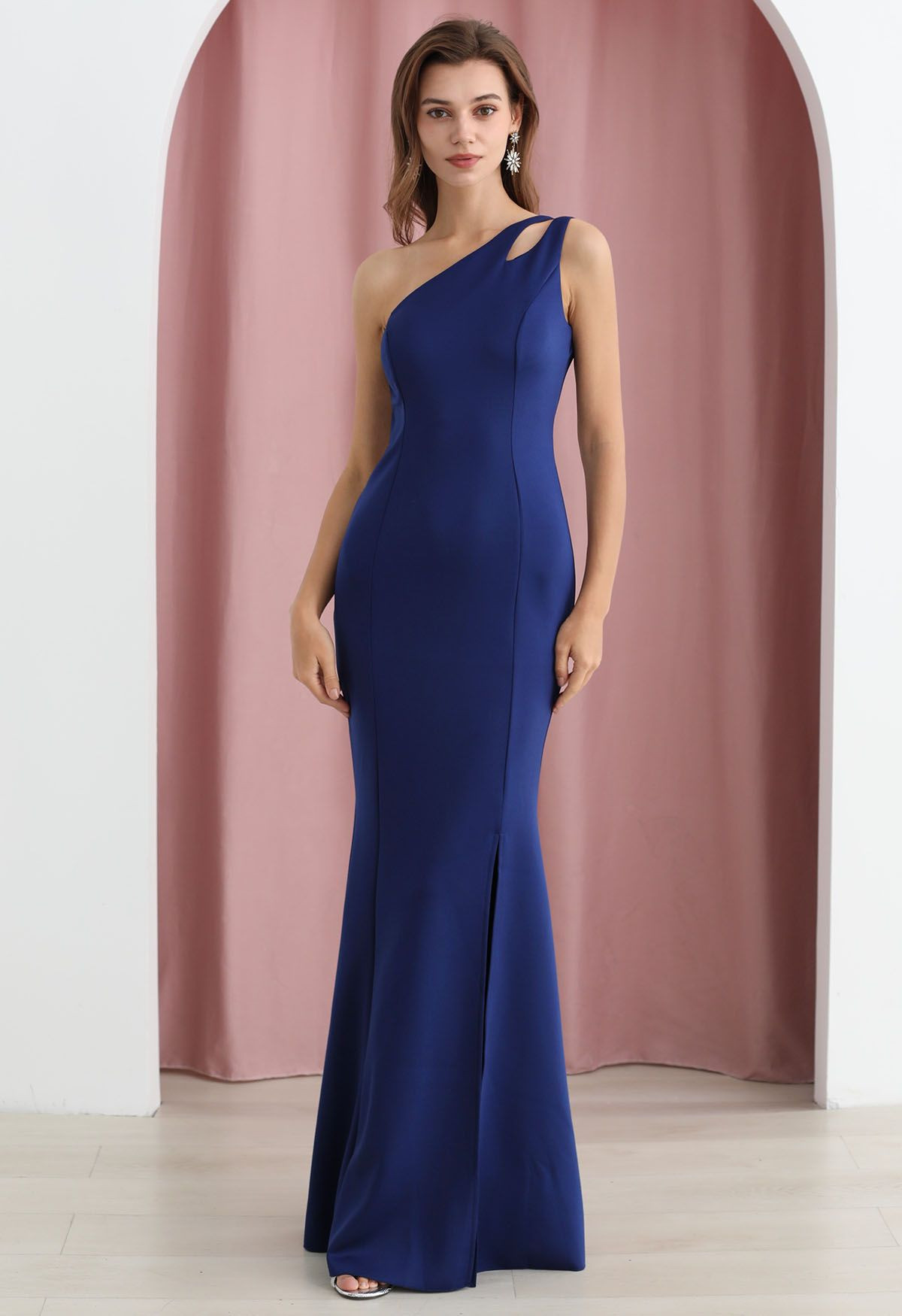 One-Shoulder Dual Strap Mermaid Gown in Navy | Chicwish
