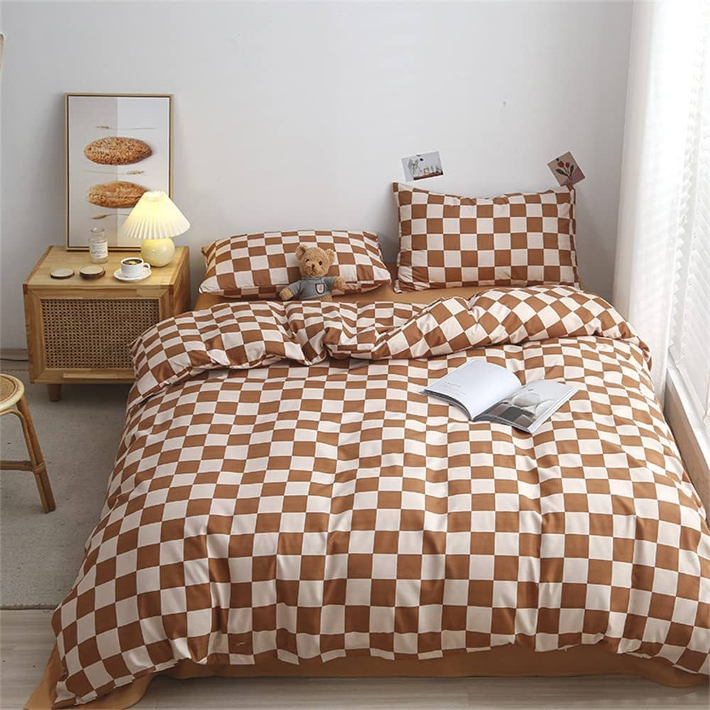 Wellboo Light Brown Plaid Comforter Sets Full Women Men Cream Coffee and White Checkerboard Grid ... | Amazon (US)