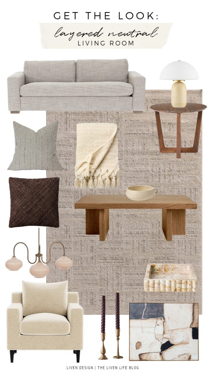 Layered neutral living room. Living room decor. Neutral decor. Throw pillow. Textured pillow. Brown pillow. Textured neutral rug. Sofa. Brown accent side table. Modern table lamp. Dome lamp. Mushroom lamp. Ceramic vase. Accent chair. Abstract art. Chunky throw blanket. Scalloped marble tray. 

#LTKSeasonal #LTKHome #LTKSaleAlert