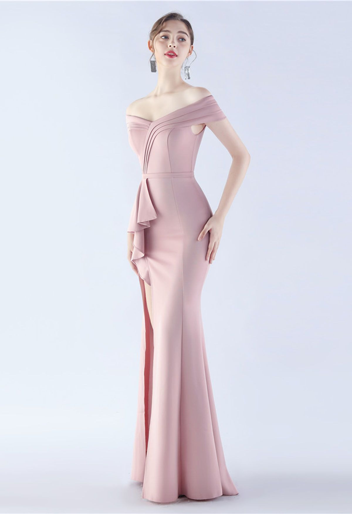 Off-Shoulder Front Slit Satin Gown in Pink | Chicwish