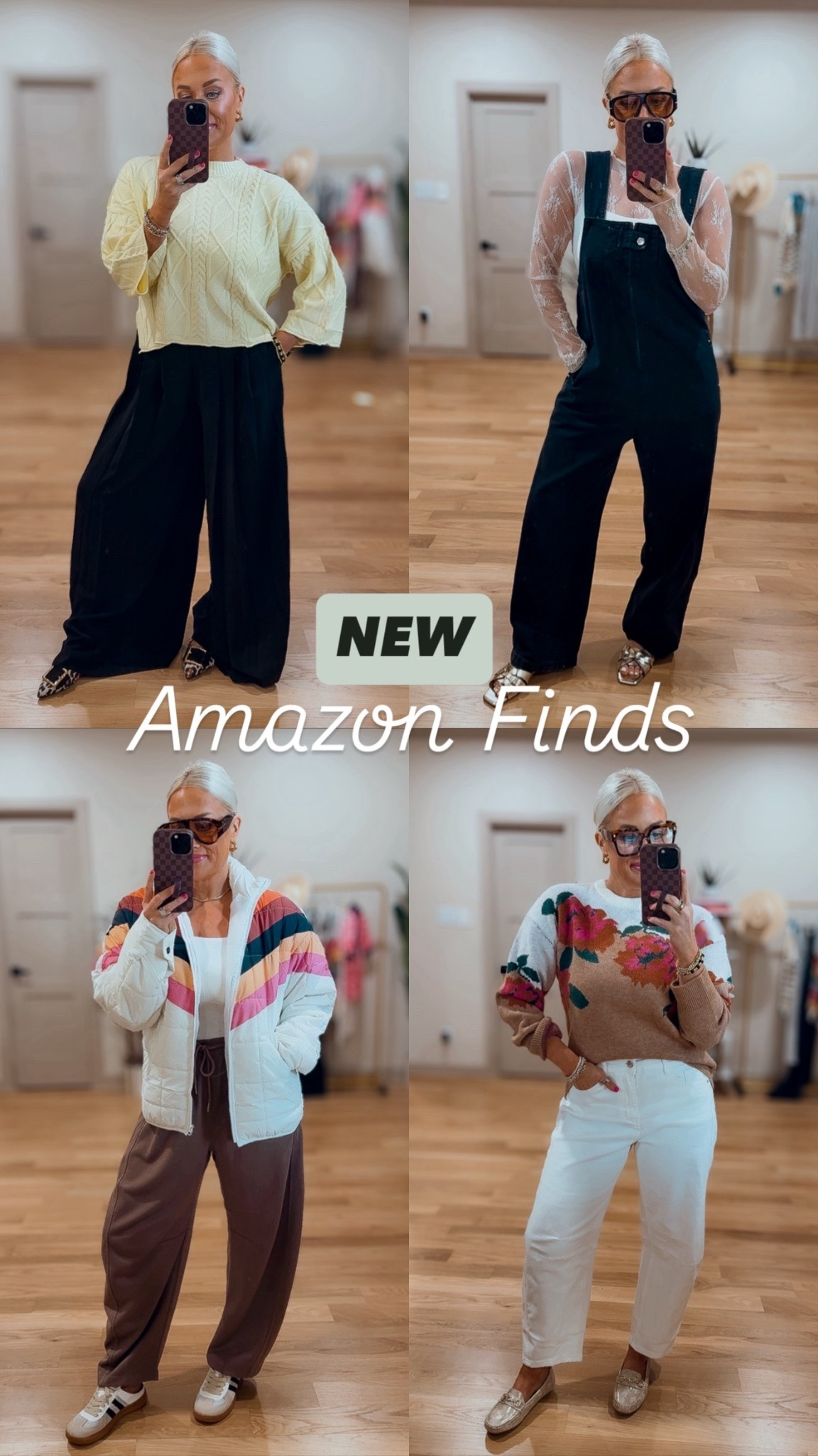 **NEW recent Amazon finds 
Yellow sweater / small
Black pants / size 8
Overalls / small
Jacket / small 
Sweatpants / small 
Flower sweater / small 