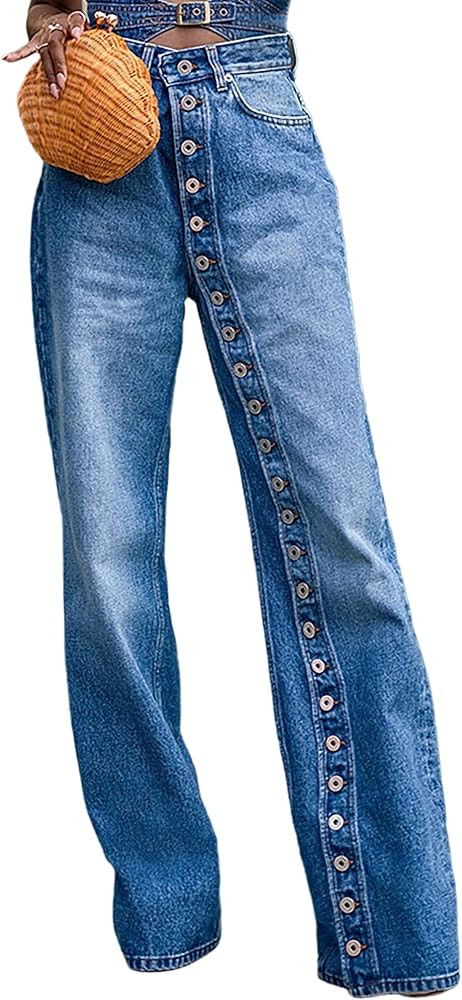 Women's High Waisted Straight Leg Jeans Casual Button Down Boyfriends Wide Leg Denim Pants Trendy... | Amazon (US)