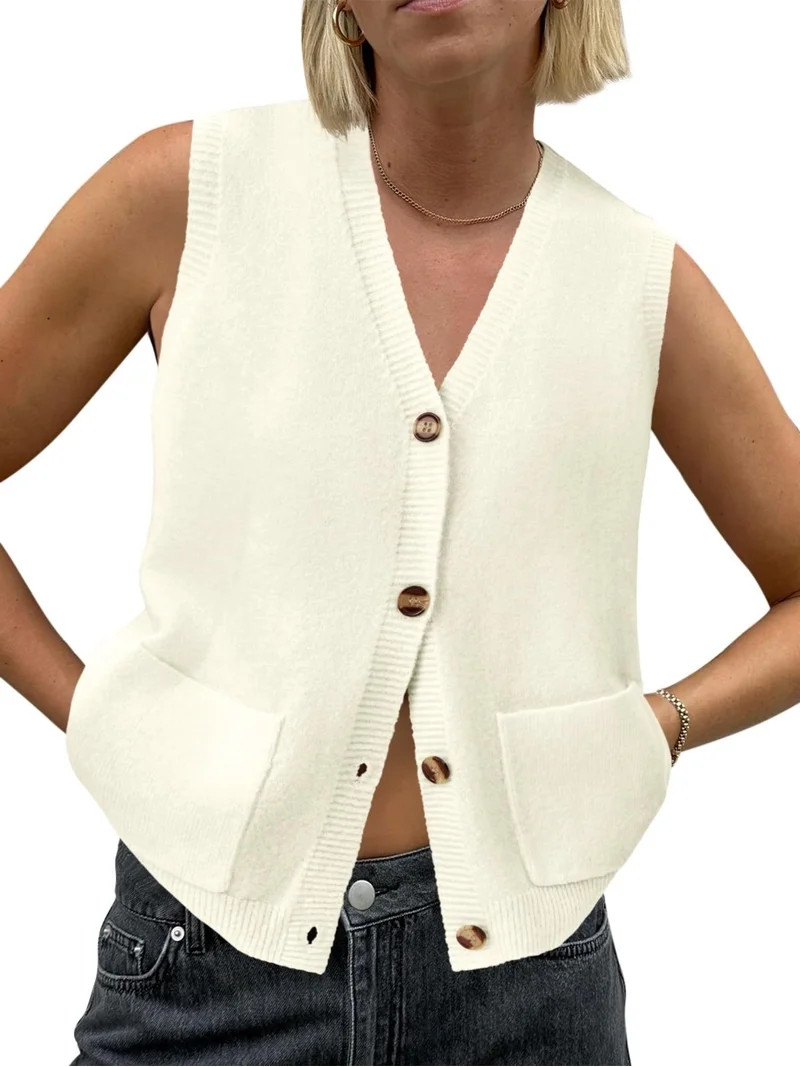 Women's V Neck Button Up Sleeveless Vest Sweater Knitted Casual Cardigan with Pockets | Walmart (US)