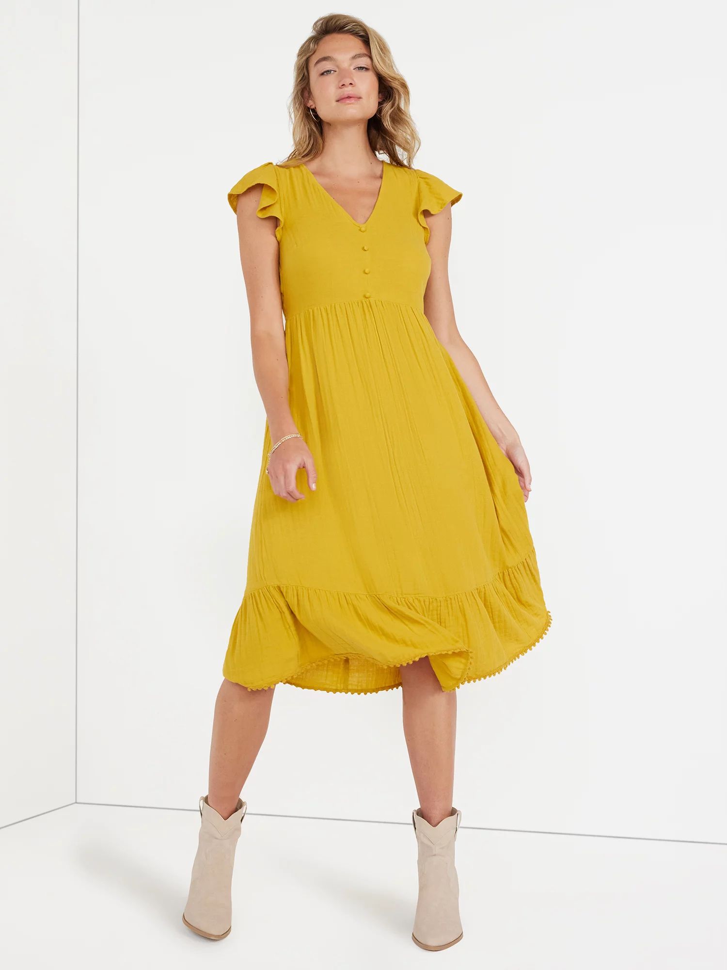 Time and Tru Women's Flutter Sleeve Midi Dress, Sizes XS-XXXL - Walmart.com | Walmart (US)