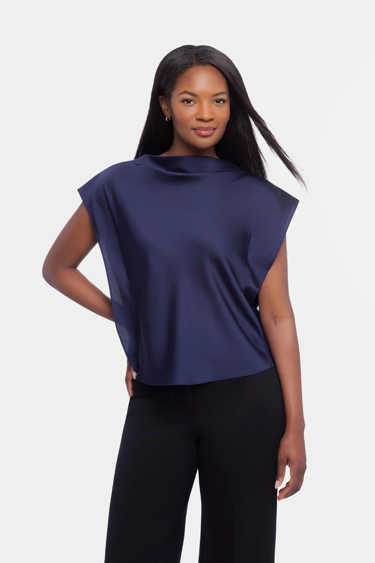 Cowlneck Charmeuse Blouse In Navy | MiracleSuit