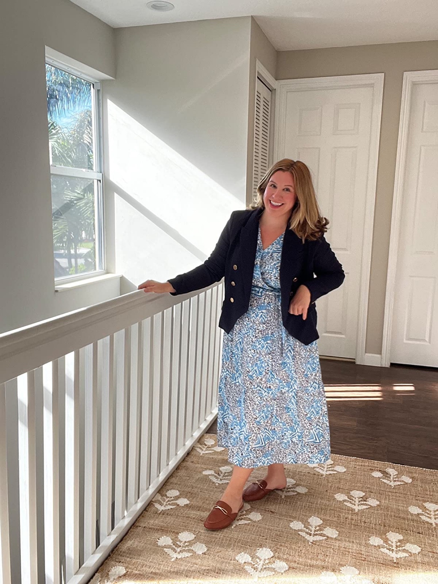 Winter outfit loafers. Wearing a blazer (L - runs slightly small) over a patterned dress (L - TTS) with loafer mules. Great Thanksgiving outfit  

#LTKstyletip