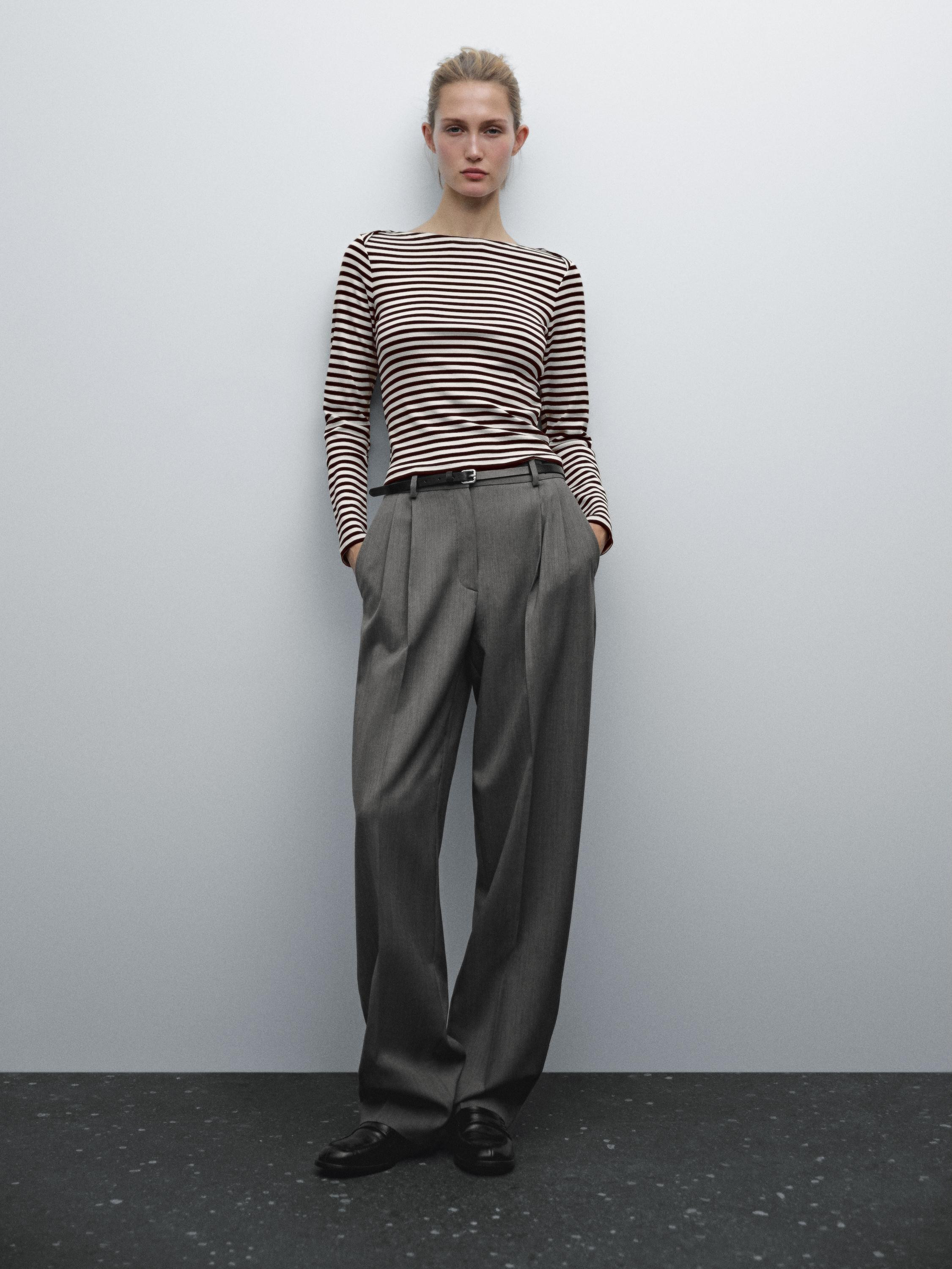 Striped T-shirt with crossover shoulder detail | Massimo Dutti US