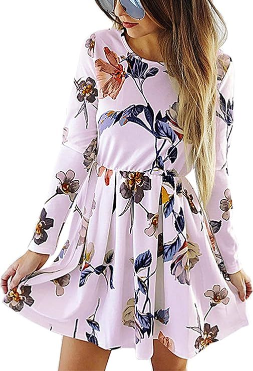 Angashion Womens Dresses Casual Floral Print Long Sleeve Swing Pleated Skater A Line Mini Dress | Amazon (US)