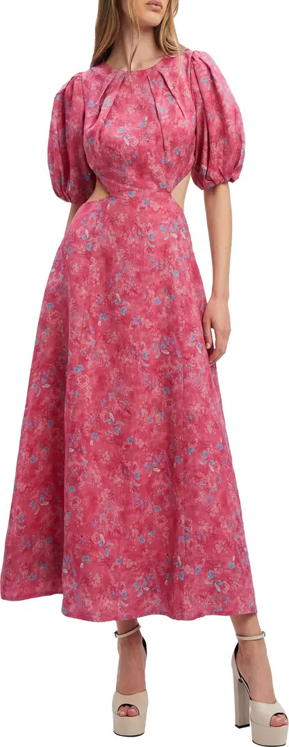 Bardot Impala Floral Puff Sleeve Cutout Midi Dress | Nordstromrack | Nordstrom Rack