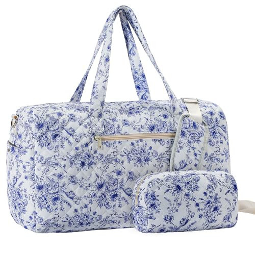 Chinoiserie Coastal grandma Quilted Duffle Bag Large blue Floral Portable Gym Lightweight Weekender Bag for Women with Makeup Pouch with Dry and Wet Separation for Women Travel Hospital | Amazon (US)