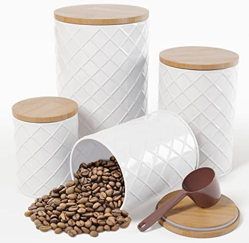 White Metal Canister Sets for Kitchen Counter, Kitchen Canisters Set of 4, Airtight Countertop Fl... | Amazon (US)