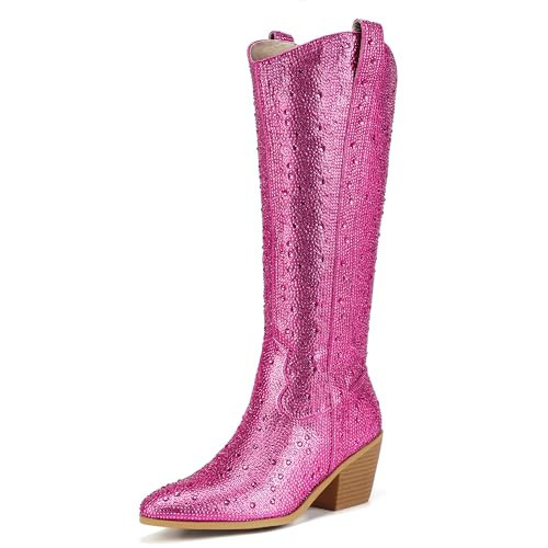 IDIFU IN3 Rhinestone Cowboy Boots for Women Knee High Western Cowgirl Boots Pointed Toe Block Chunky Heels Sparkly Glitter Long Tall Dress Booties Party Bling Shiny Boots(Hot Pink Rhinestone, 6.5) | Amazon (US)