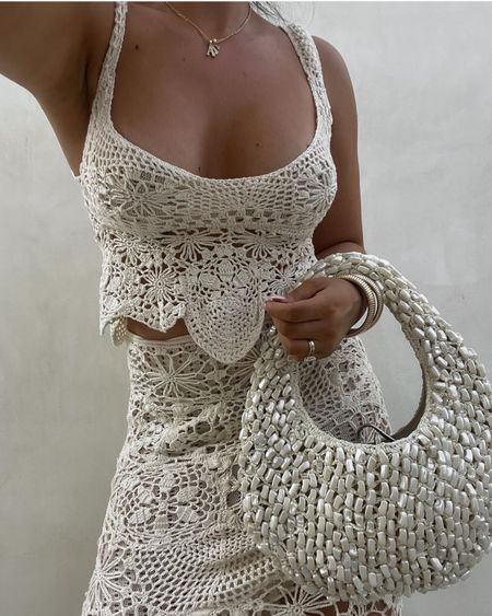 Crochet knit top, midi skirt, beach outfit, vacation outfit, neutral outfit, white heels 

#LTKItBag #LTKSeasonal #LTKStyleTip