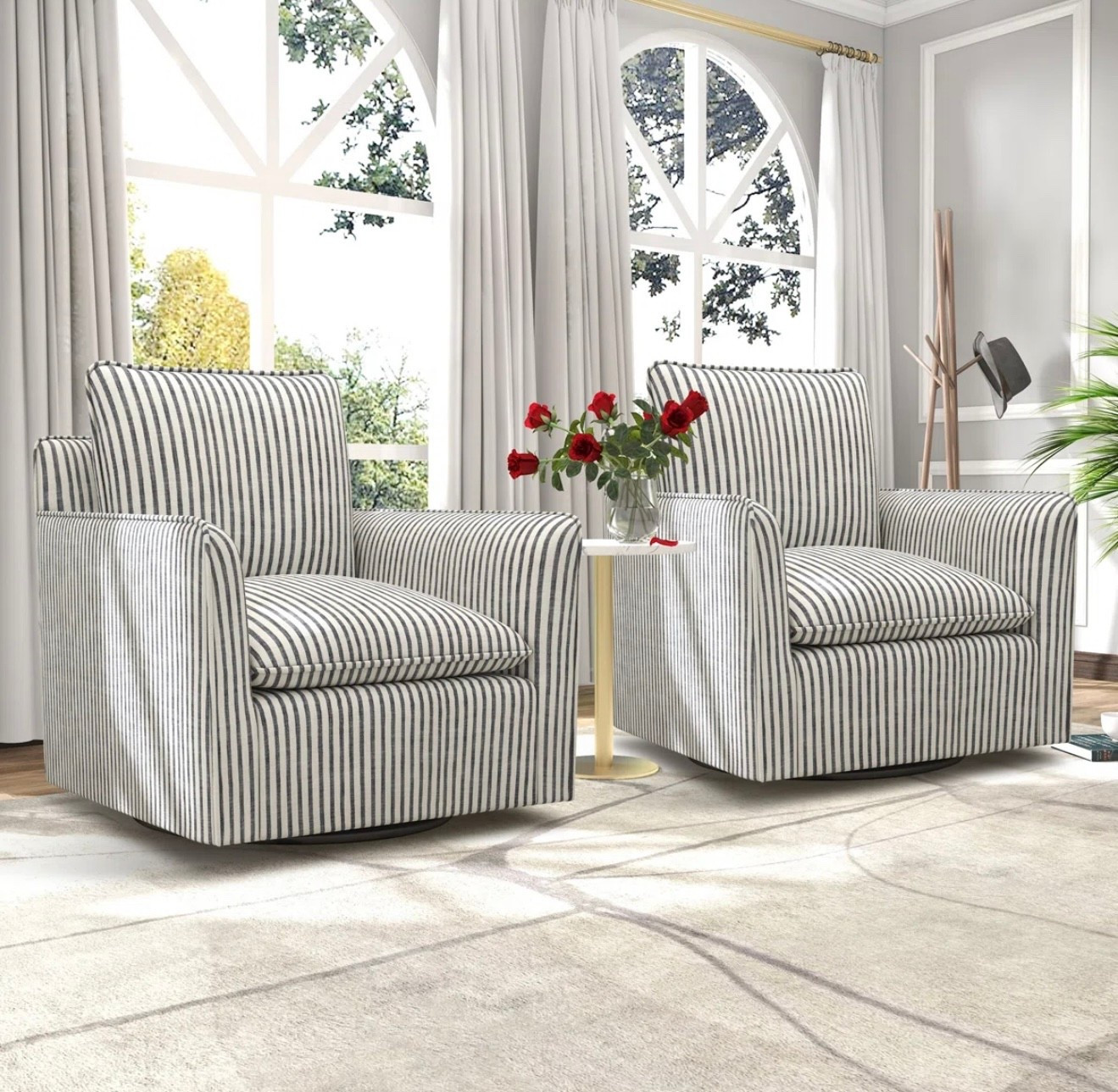Modern soft stripe swivel barrel chairs 

#LTKU #LTKFamily #LTKHome