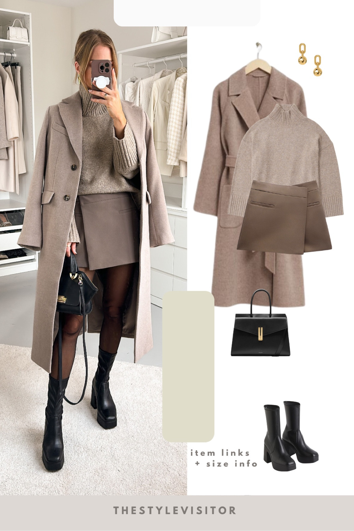 Platform boots look with long coat and cozy sweater. Linked a dupe for the coat since it’s from last year. Zara Ref code for the skirt (xs) is 5427/407. Sweater has side splits for easy tuck ins. Wearing xs. Read the size guide/size reviews to pick the right size.

Leave a 🖤 to favorite this post and come back later to shop

Mini skirt, skort, taupe, wool coat, overcoat, long coat, knit sweater, knit jumper, high collar jumper, high collar sweater, brown coat 

#LTKeurope #LTKstyletip #LTKSeasonal