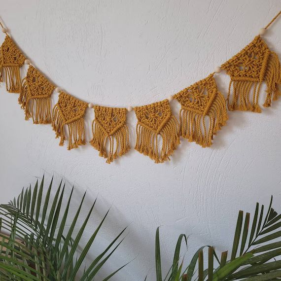 Macrame Garland Mustard Boho Home Wall Decor, Macrame Banner Bunting, Macrame Wall Hanging Terrac... | Etsy (US)