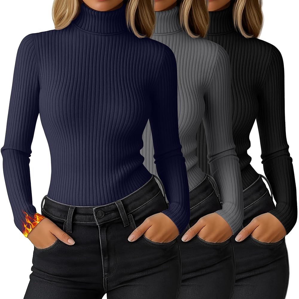 Ficerd 3 Pack Women's Ribbed Thermal Turtleneck Tops Long Sleeve Stretch Shirts Knitted Fitted Li... | Amazon (US)