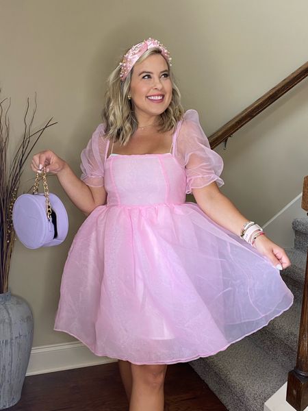 Pink puff sleeve dress from amazon / Disney world outfits / pink rhinestone headband from Amazon 