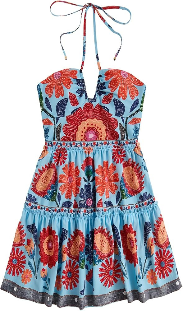 Floerns Women's Floral Sleeveless Halter Dress Milkmaid Flare Hem Boho Mini Dress | Amazon (US)