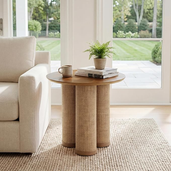 20" Round Walnut Wood End Table, Modern Side Table with 3 Textured Cylindrical Legs, Boho Rattan ... | Amazon (US)