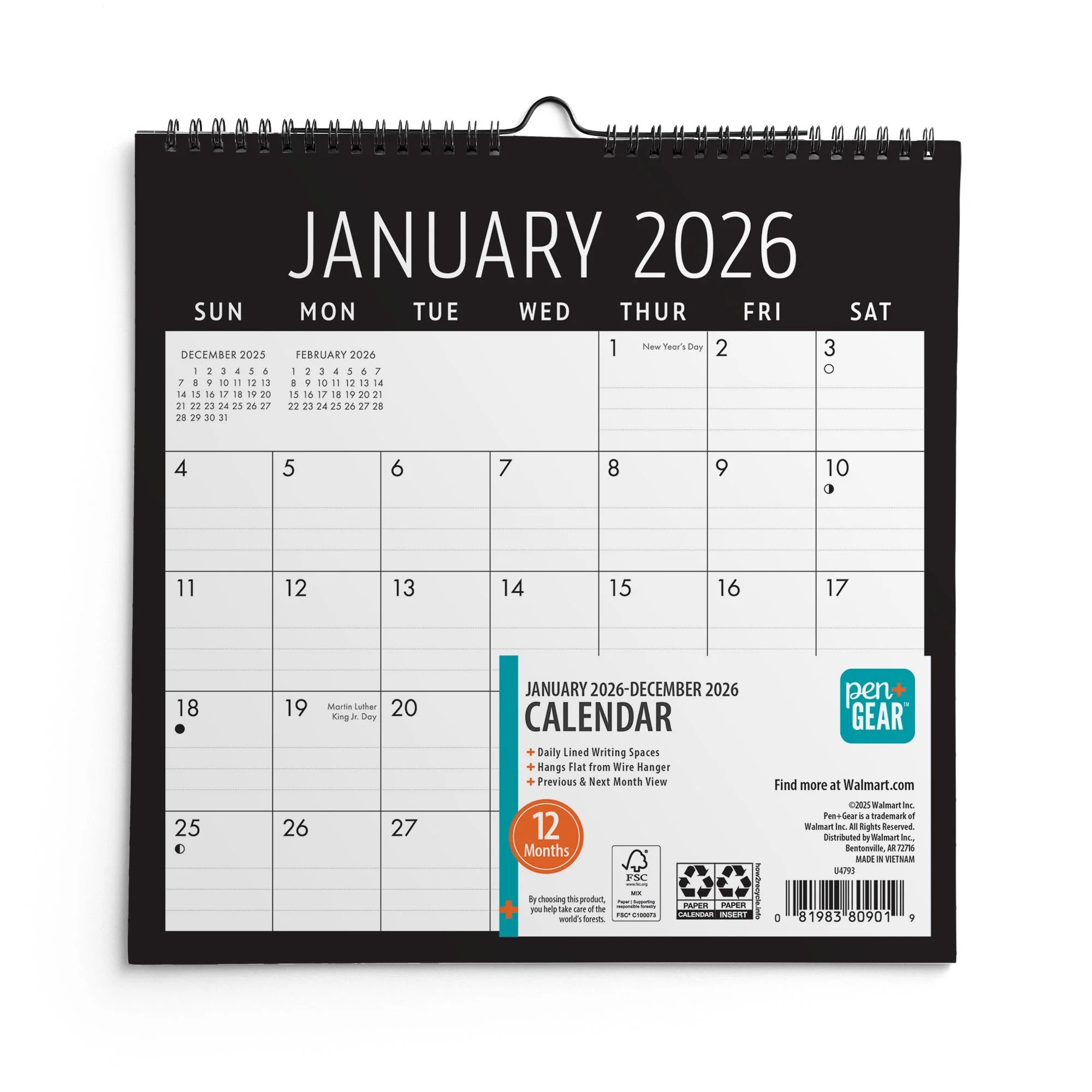 Pen+Gear Monthly Spiral Calendar Mini (7"x7") Black 12 Month Jan 2026-Dec 2026 | Walmart (US)