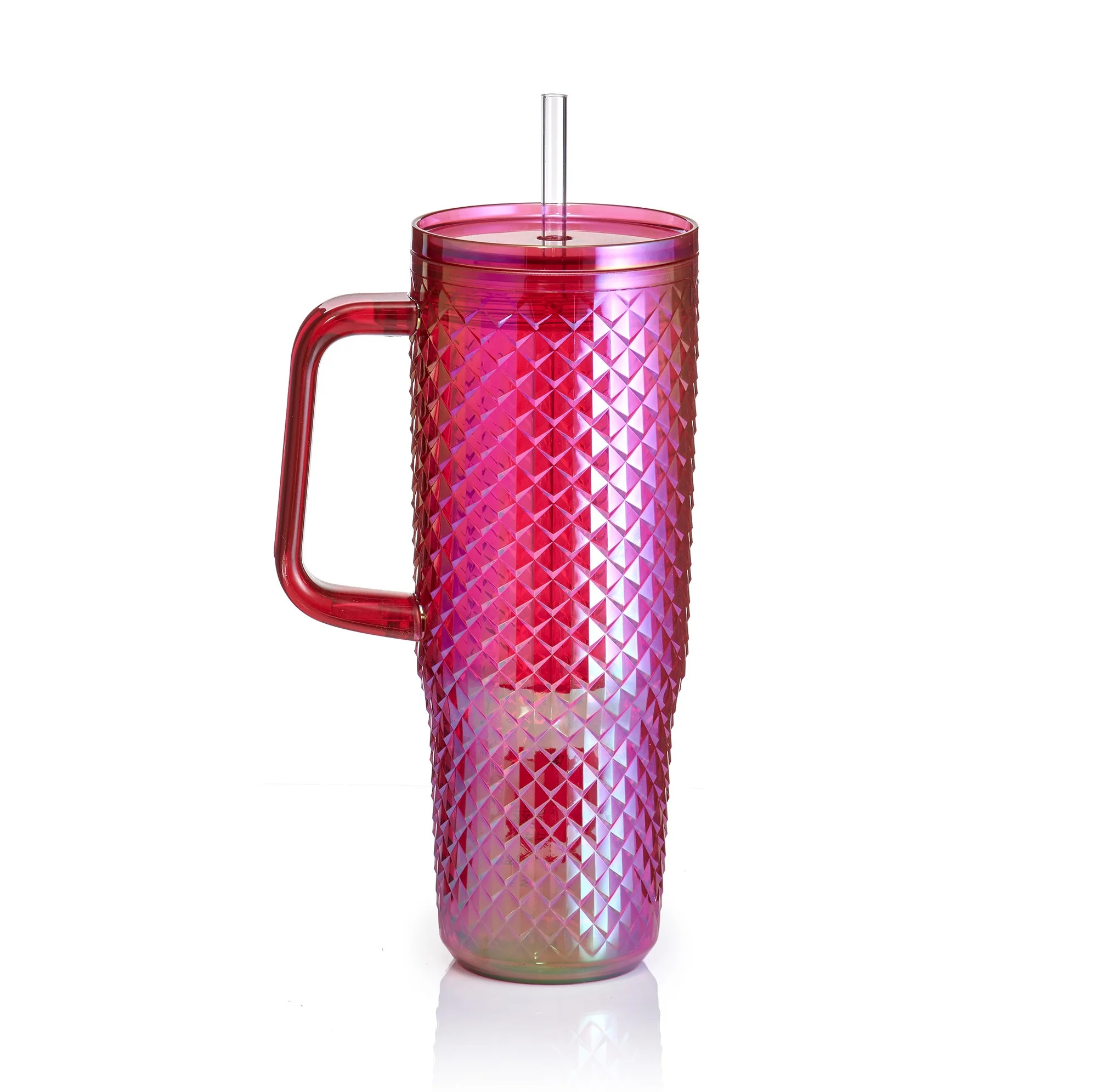 Mainstays 30oz Textured Tumbler with Straw and Handle, Diamond Iridescent Pink, 30oz, Plastic Dou... | Walmart (US)