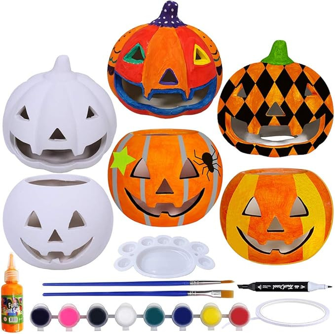 Winlyn 6 Sets DIY Ceramic Pumpkins Jack-o'-Lanterns Figurines Paint Craft Kit Unpainted Bisque Ce... | Amazon (US)