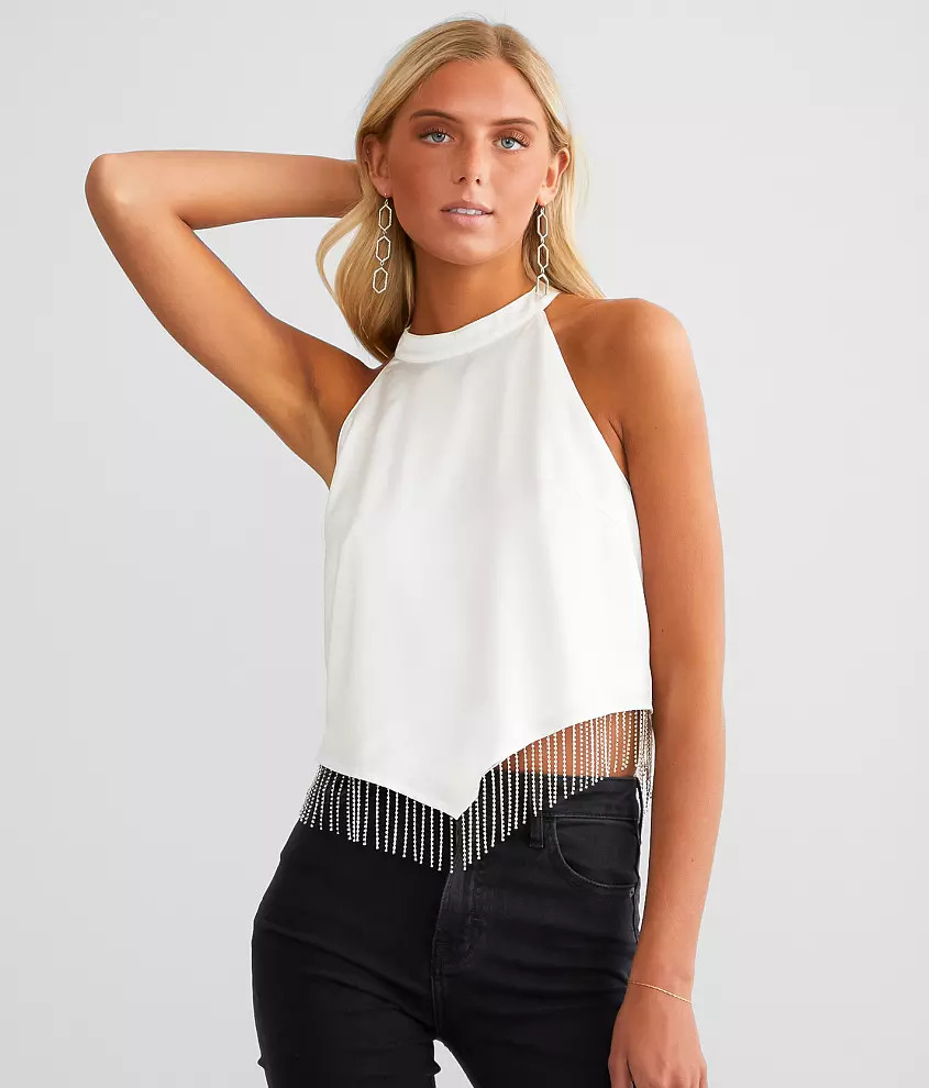 Blue B Rhinestone Fringe Satin Cropped Tank Top | Buckle