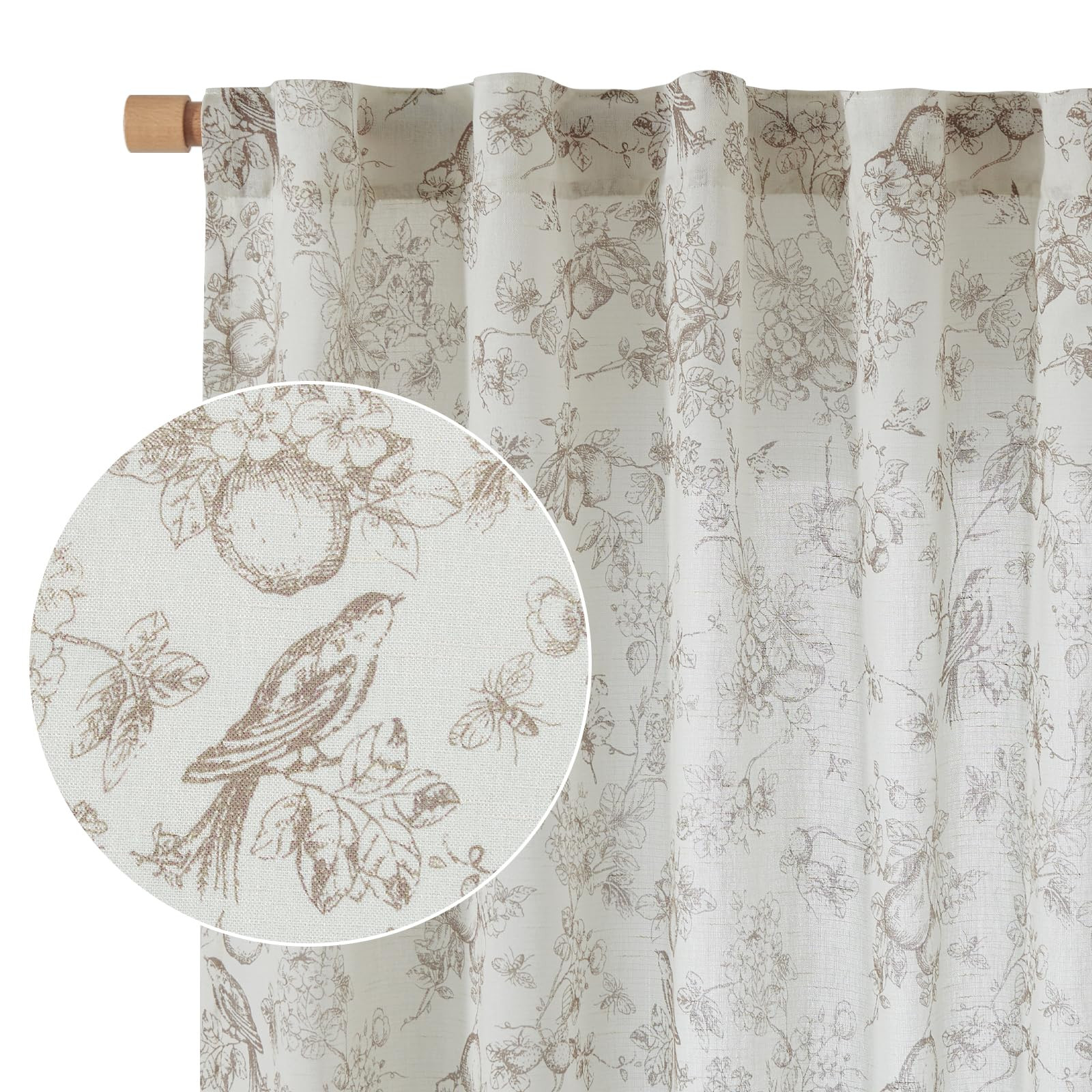 Vangao Linen Floral Curtains for Living Room 96 Inches Long Taupe Drapes Back Tab Light Filtering... | Amazon (US)