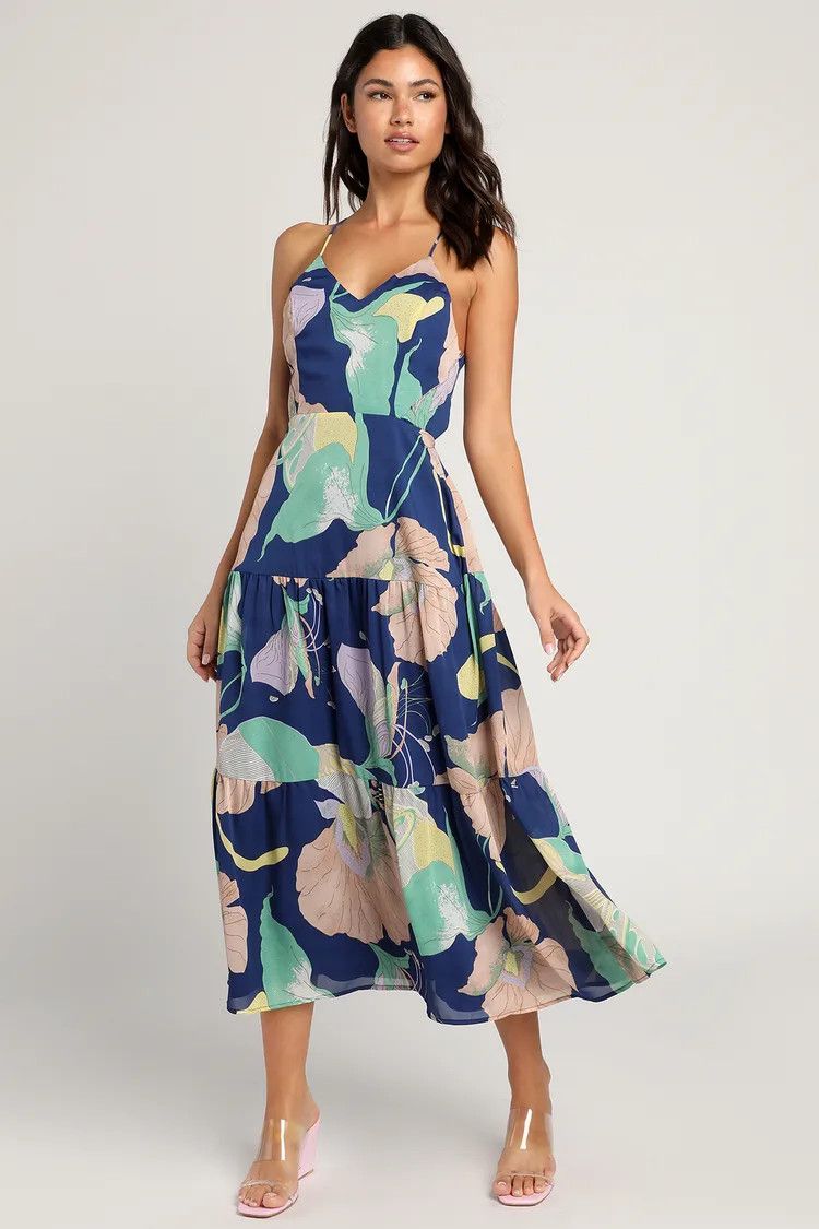 Hours of Flowers Blue Multi Floral Lace-Up Tiered Midi Dress | Lulus (US)