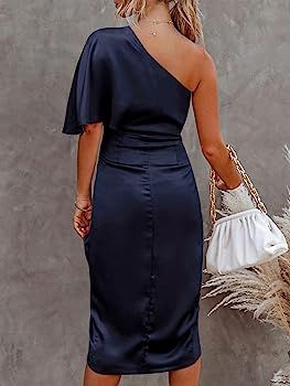 CUPSHE Women Satin Dress Backless One Shoulder Flared Short Sleeves Midi High Low Hem Cocktail Pa... | Amazon (US)