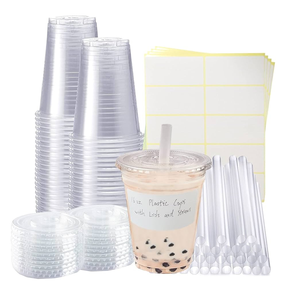 50 Sets Clear Plastic Cups With Flat Lids,16oz Disposable Iced Coffee Cups with Straws and Sticke... | Amazon (US)