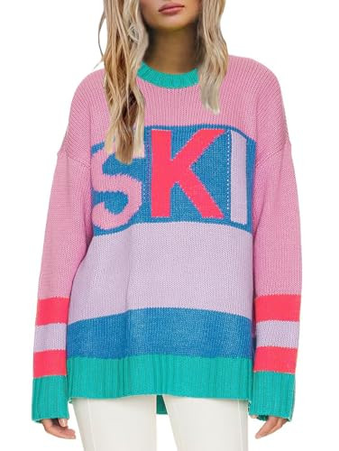 Women Color Block Ski Print Sweater Knit Oversized Crew Neck Long Sleeve Pullover Sweaters Tops Pink | Amazon (US)