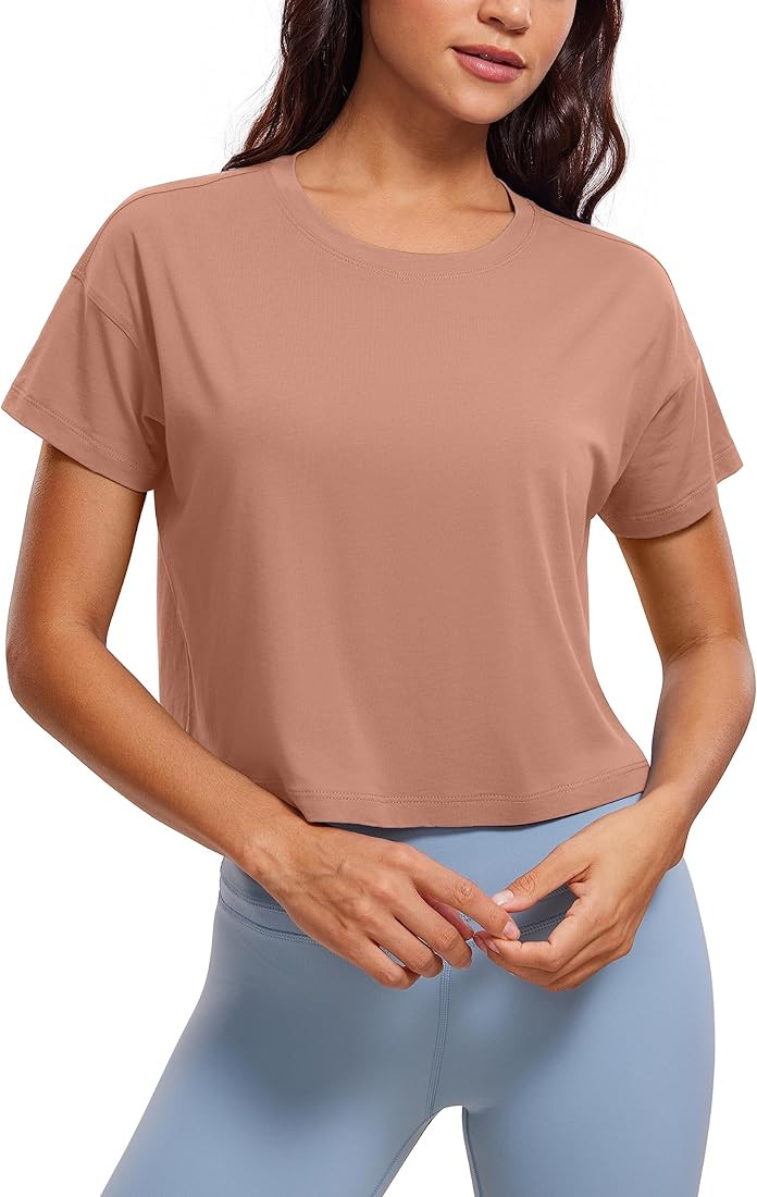 Women's Pima Cotton Workout Short Sleeve Shirts Loose Crop Tops Athletic Gym Shirt Casual Cropped... | Amazon (US)