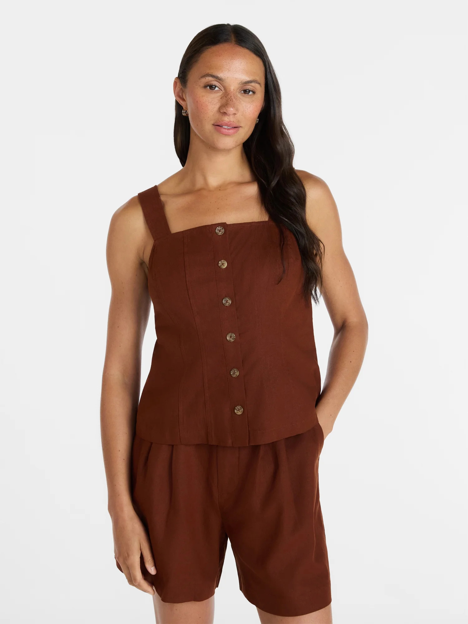 Time and Tru Women's Linen Blend Button Front Tank Top with Adjustable Straps, Sizes XS-XXXL | Walmart (US)