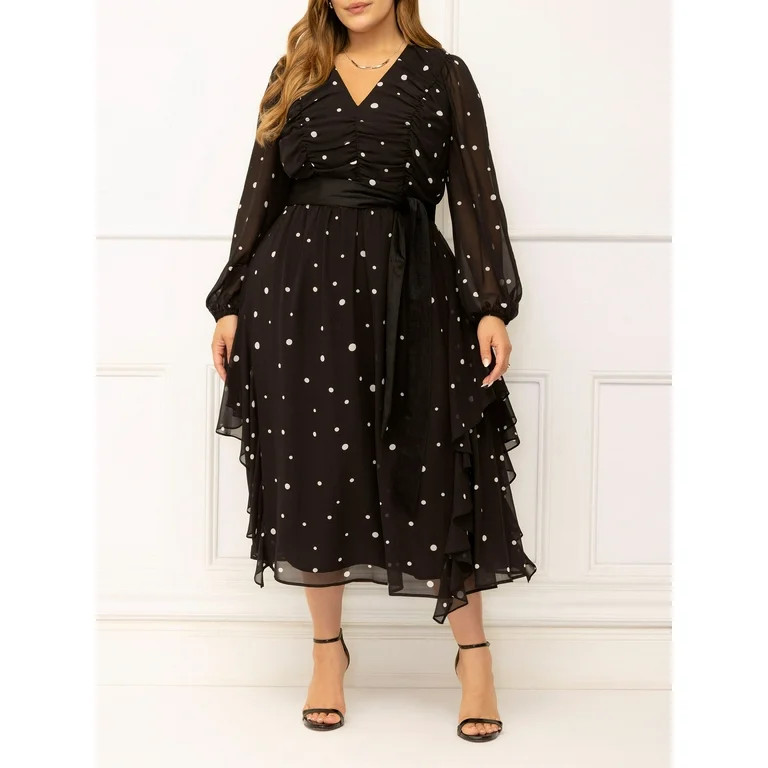 ELOQUII Elements Women's Plus Size Chiffon Midi Dress with Velvet Belt | Walmart (US)